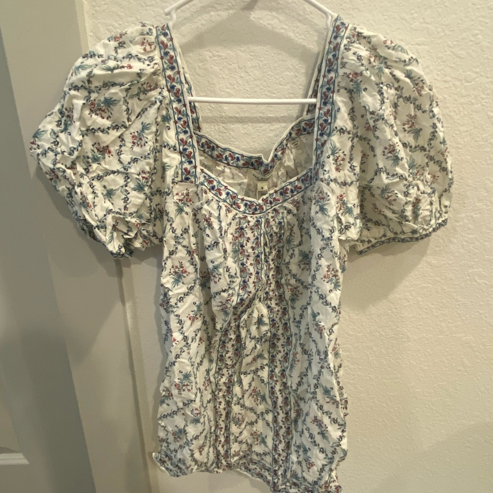Marshalls Gray and White Puff Sleeve Blouse with Smocked Tie Front